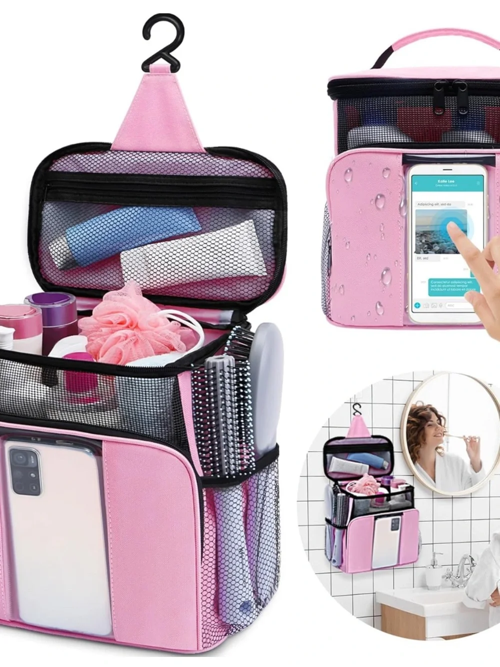 Pink Hanging Toiletry Organizer Bag with Phone Pocket